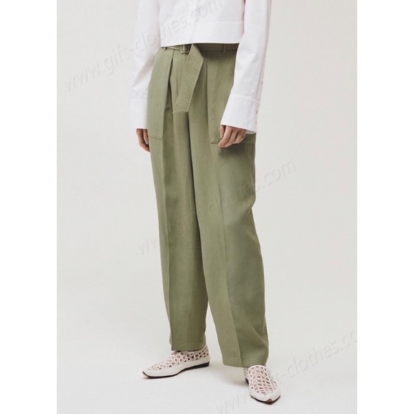 Aritzia Wilfred Le Fou Leonce Belted Pants High rise waist tapered pleated green - Picture 1 of 16